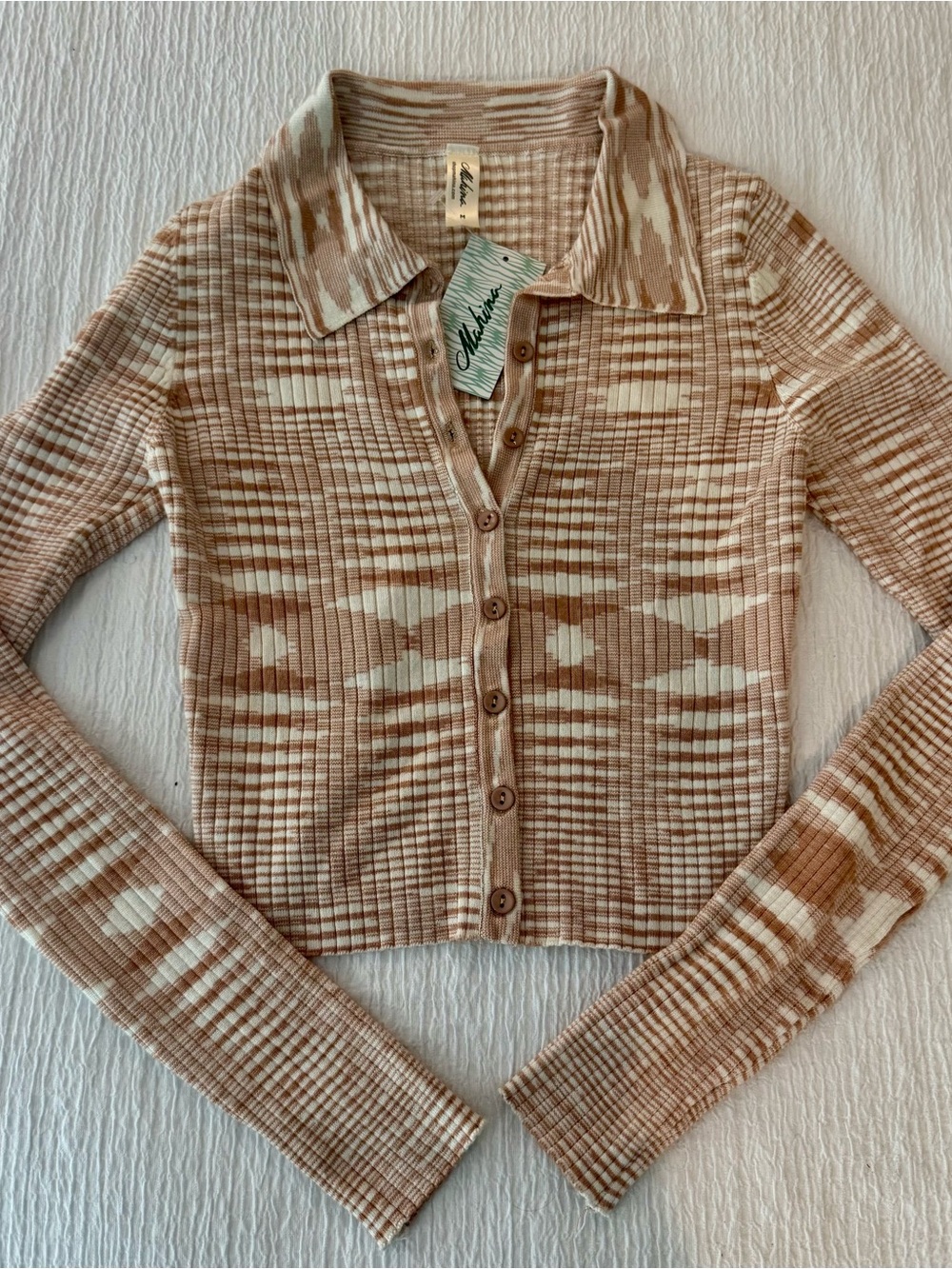 mahina Ribbed Cream and Beige Striped Ribbed Button Cardigan